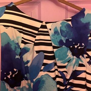 Signature Blue Floral & Black-White Stripe Midi Dress Ky Derby